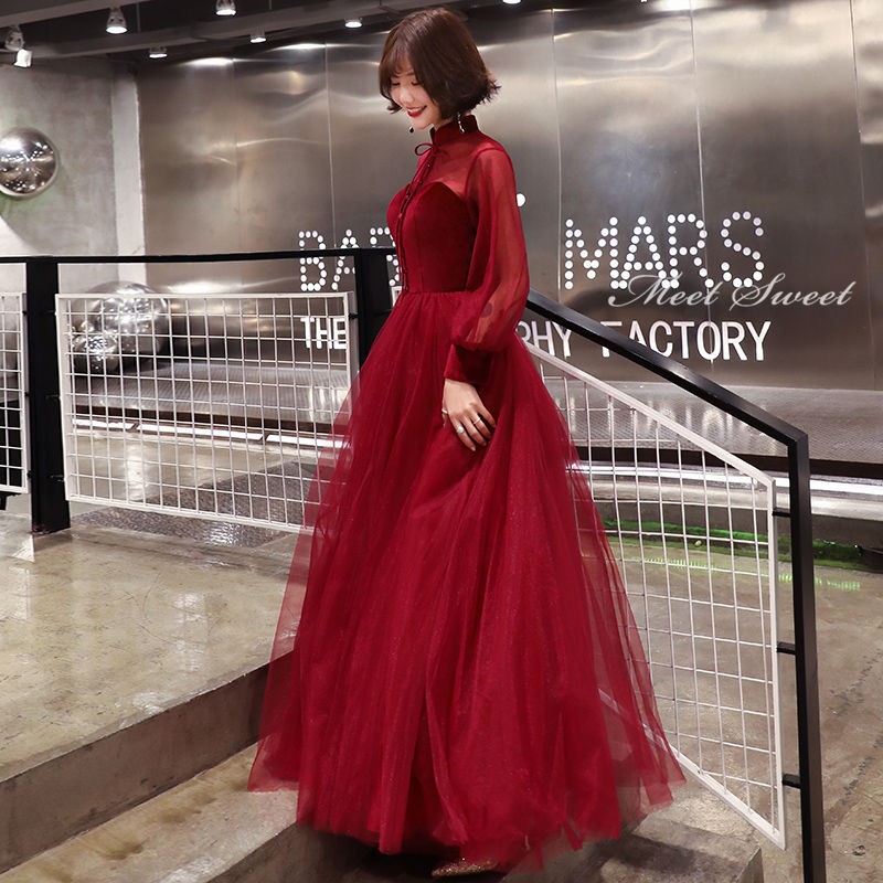 ウェディングドレス ウエディングドレス パーティードレス ロングドレス 長袖 ロングスリーブ カラードレス 赤 ワインレッド ベルベット 披露宴 発表会ドレス 演奏会 花嫁 大人 中高生 秋冬 コンク
