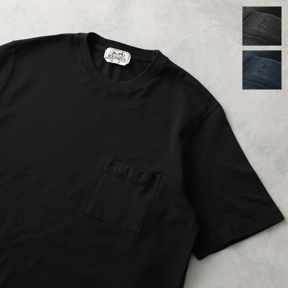 HERMES エルメス Tシャツ Broderie H 「H」刺繍 H072025HA メンズ 半袖 カットソー コットンピケ クルーネック 胸ポケット カラー2色