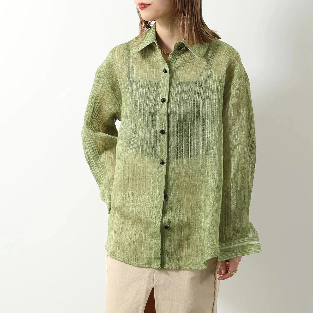 GHOSPELL ゴスペル シャツ Della Oversized Shirt レディース ブラウス 長袖 シアー 立体ボタン Olive-Green 【mega】
