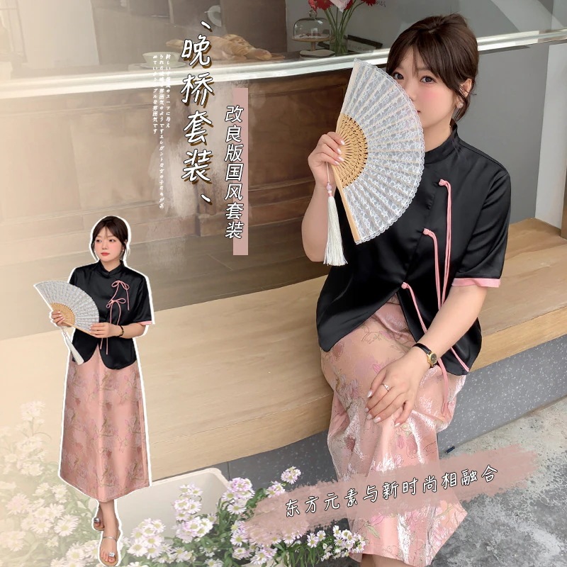 【ぽちゃまに】 夏 上下セット 大きいサイズ ブラウス＋スカート 中華風 体型カバー チャイナ レディース セットアップ メガ割30%までに制限