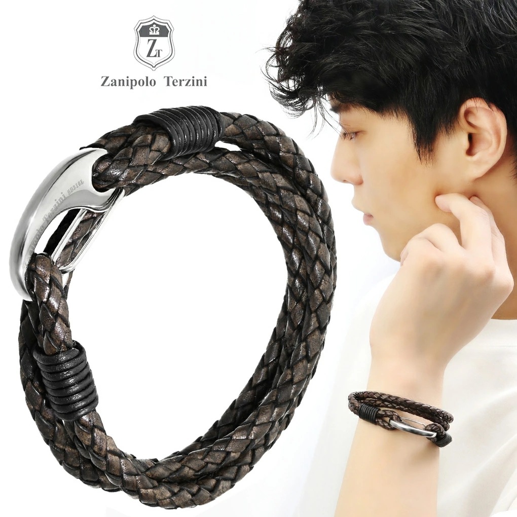 2重巻き編み込みダブルラインレザーブレスレット(幅約0.5cm 18cm Zanipolo