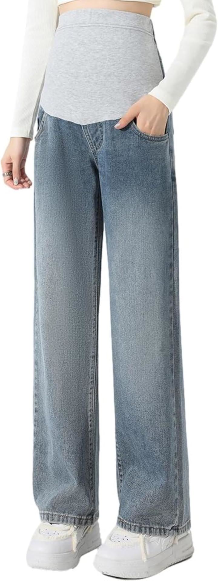 マタニティ ストレートデニム レディース パンツ 産後 ゆったり ウエストゴム アジャスター付き シワなし マタニティパンツ ビッグ 動きやすい デイリーユース 育児(ブルー, M)