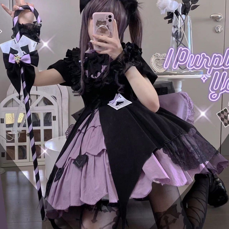 ハロウィンロリータ女の子モンスタースペードウィザードガールスモールハイウエスト半袖ドレス