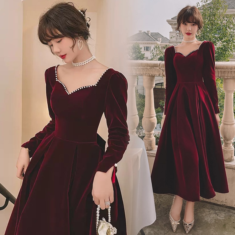 送料無料 結婚式ドレス 二次会ドレス ワイン赤 ベロア ベルベット ロングドレス 長袖 Vネック パール オシャレ ゲストドレス ロング バックリボン 可愛い パーティードレス 成人式ドレス 同窓会