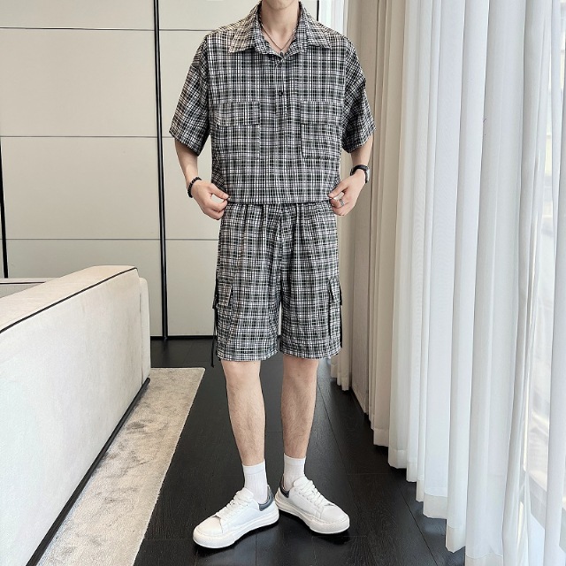 メンズ セットアップ 上下 ハーフパンツ 半袖シャツ チェック柄 モノトーン ブラック カジュアル
