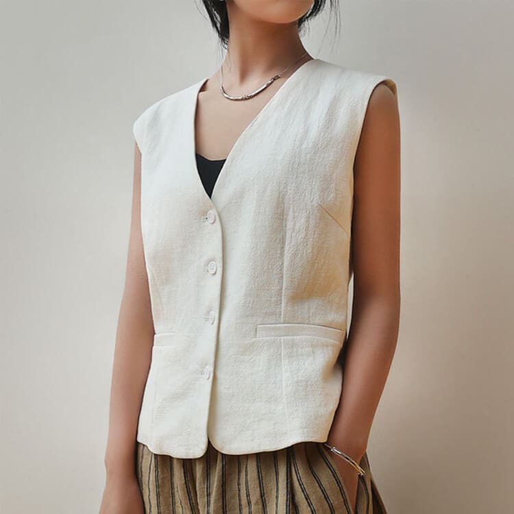 ベスト レディース リネン 韓国 Vネック 春 夏 無地 コットン おしゃれ ナチュラル シングル トップス シンプル ノースリーブ 春夏 前開き