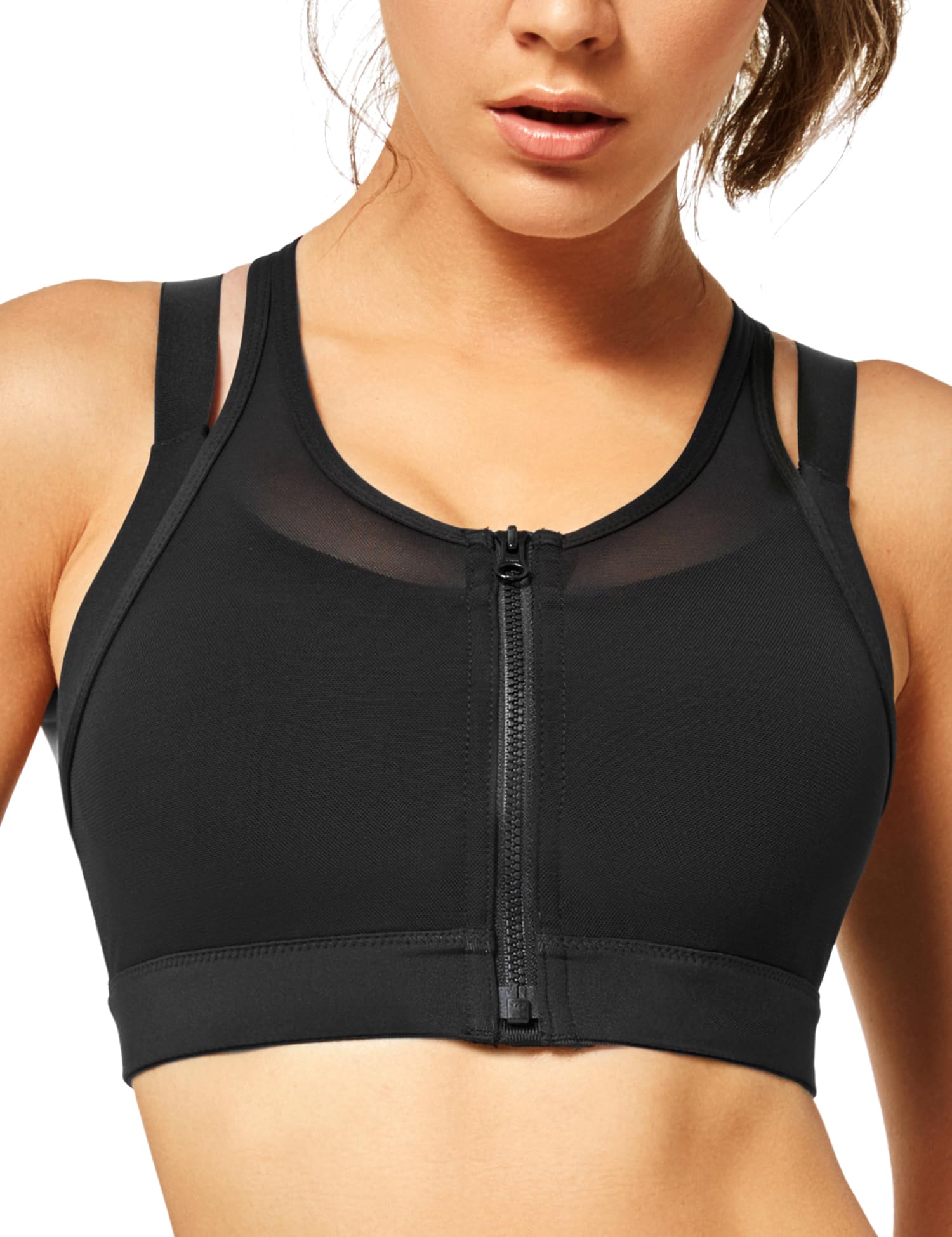 イベット ハイサポートスポーツブラ レディース ランニング用ノンワイヤー揺れない 前開き フィットネスブラ M(D-F) ブラック