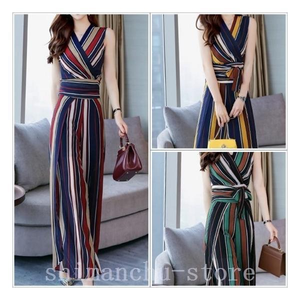 カシュクールパンツスーツリボンストライプスーツレディース大人セットアップ夏ノースリーブハイウエスト 5,359円