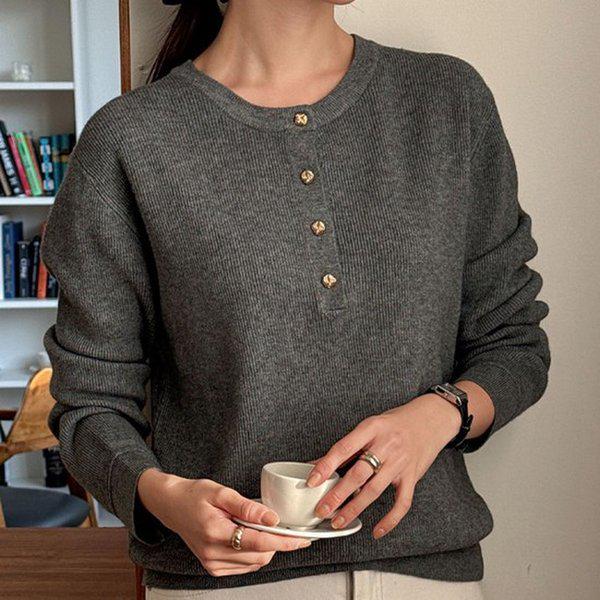 Hスタイル(KN)カシヤンニジュボタンラウンド長袖ニットティー 冬 ニットティー カシミア ラウンドセーター 基本Tシャツ