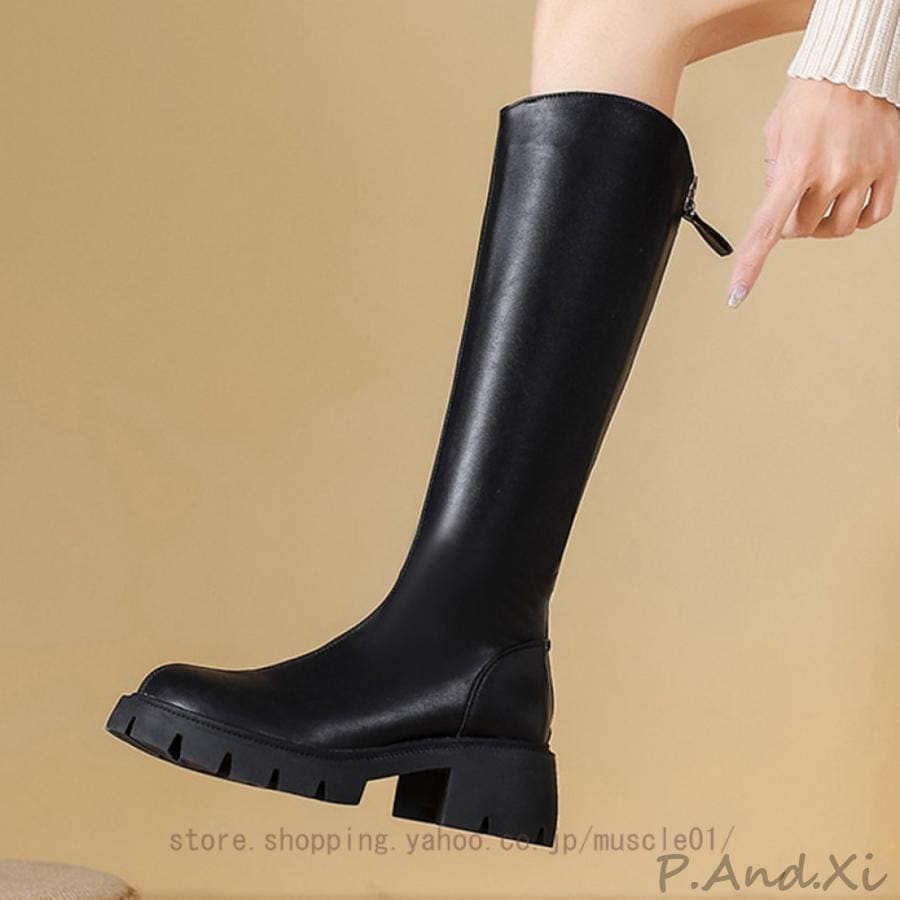 ロングブーツ レディース 歩きやすい 厚底 ハイヒール 5.5cm チャンキーヒール バックファスナー 通勤 通学 コスプレ 黒 太ヒール スクエアヒール 高筒ブーツ