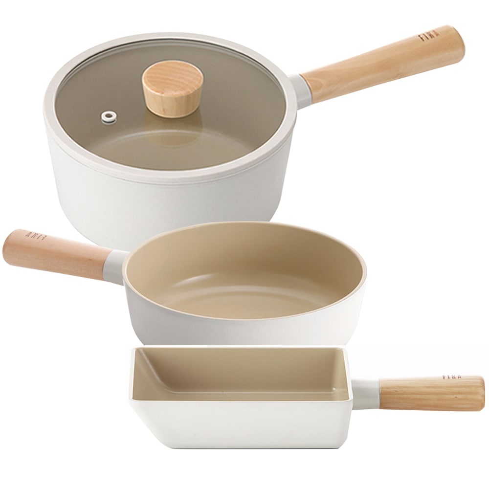 FIKA IH対応フライパン（15cm, 18cm）+ ソースパン（18cm）3点セット PFOAフリー ホワイト