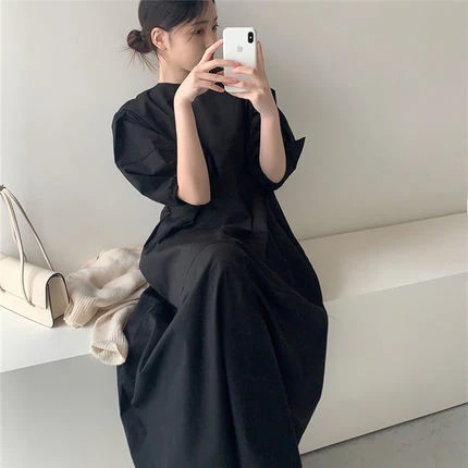 パフスリーブワンピース ワンピース フレアワンピース ミモレ ミモレ丈 ロング ロング丈 袖あり 半袖 パフスリーブ ラウンドネック フレア 綿 かわいい 大人可愛い シンプル カジュアル 大人