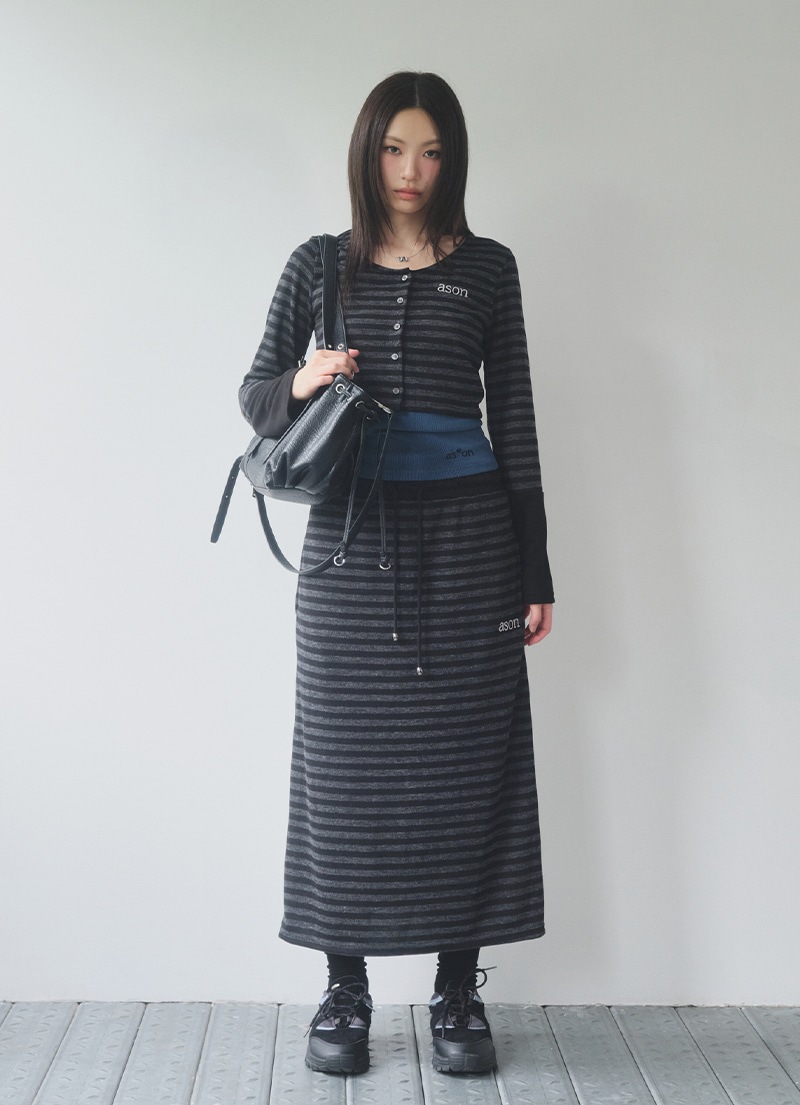 【AS"ON】 BEN STRIPE LONG SKIRT / BLACK 正規品