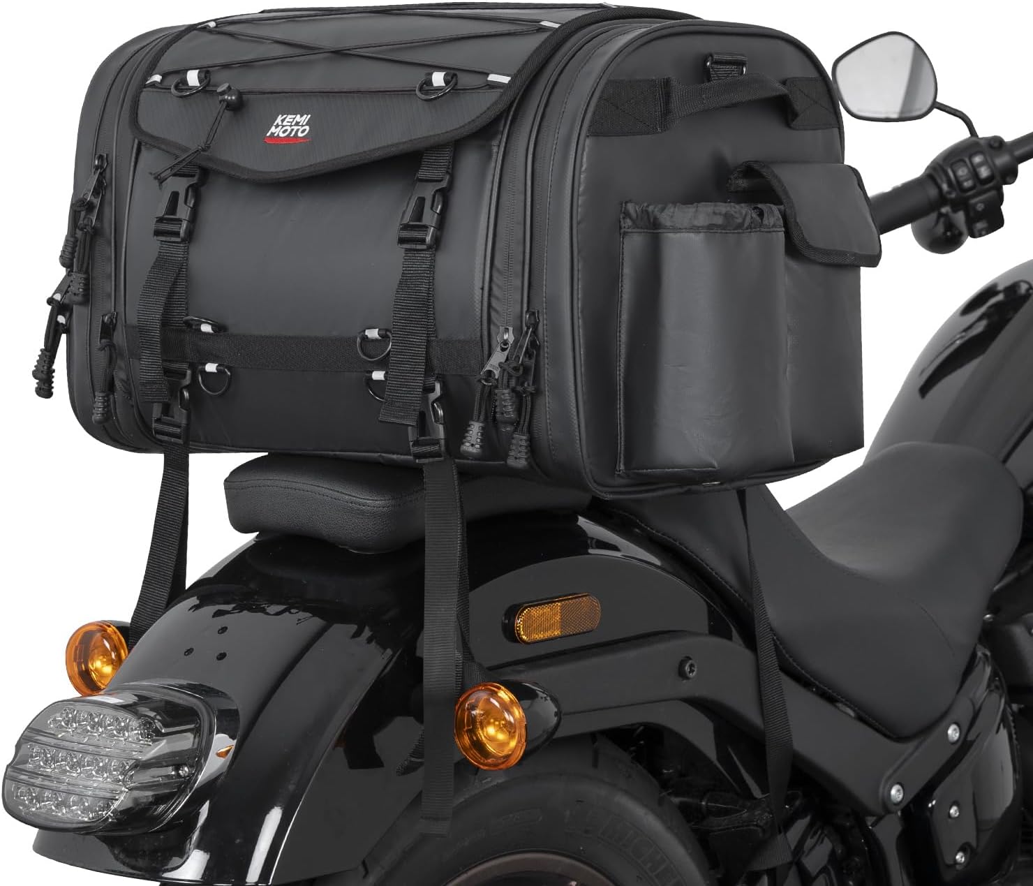 PVC防水素材 拡張機能付き 24-32L ツーリングバッグ レインカバー付 変形しにくく荷物固定ベルトと上部積載可能 汎用バイク用リアバッグ
