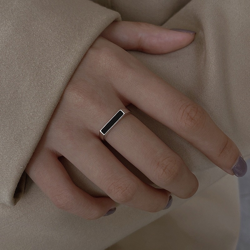 ワイドワンワードブラックリングインクールミニマリストデザイングルー幾何学的スクエア人差し指リング
