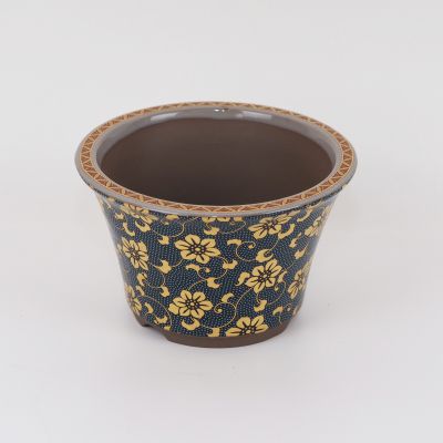 盆栽鉢 九谷焼 青粒鉄仙 4号 幅12.5cm高さ7.8cm 陶器鉢 陶器 ミニ盆栽 ミニミニ クレマチス 青色 山野草 植木鉢 絵付け 丸反型鉢 盆栽妙