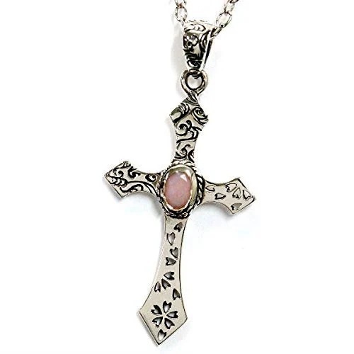 シルバー925 ペンダント ネックレス 和柄 和風 天然石 ローズクォーツ クロス 十字架 桜 チェリー 花 フラワー メンズ