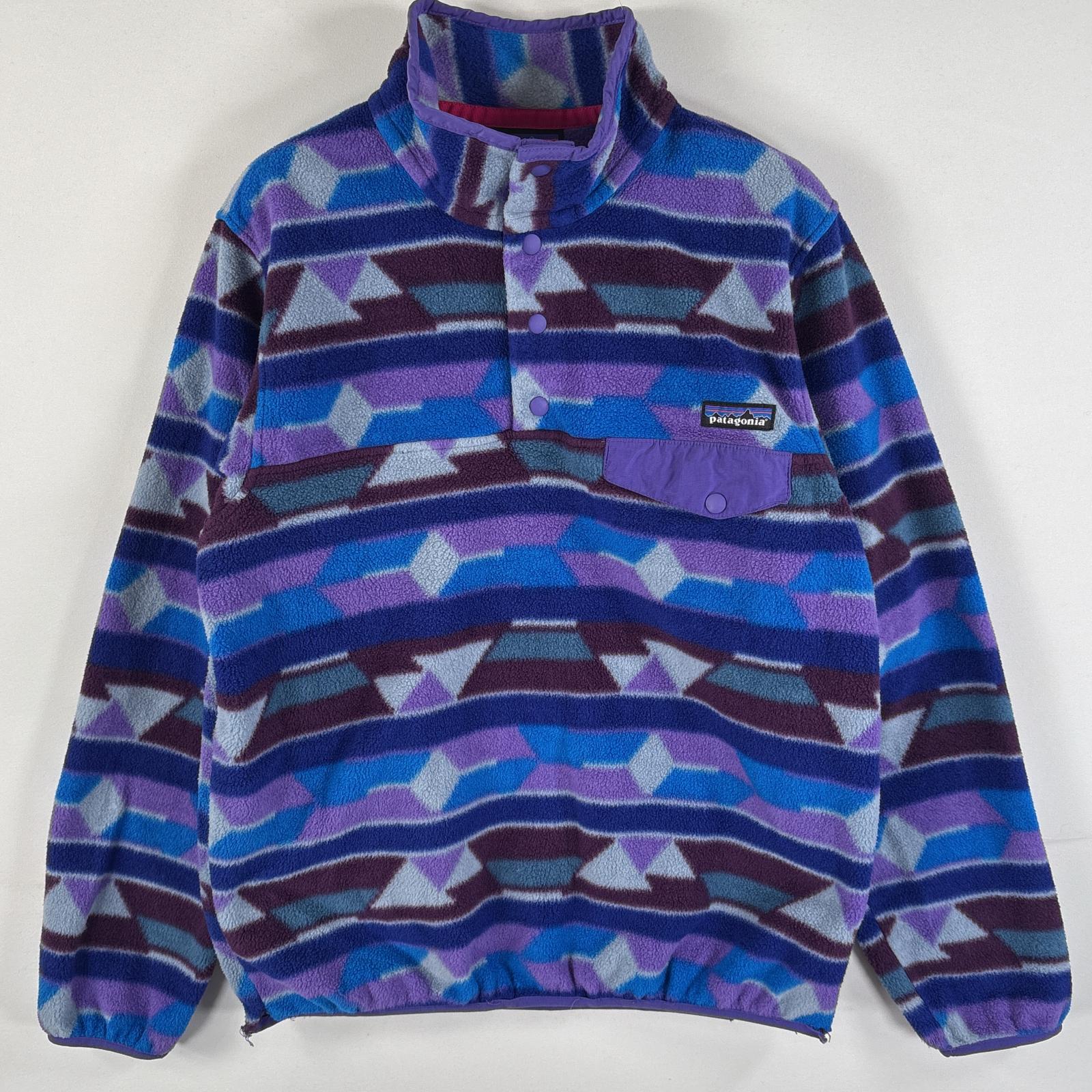 古着 フリースジャケット シンチラ ハーフボタン フラップポケット ワンポイントロゴ S ブルー系 総柄 レディース