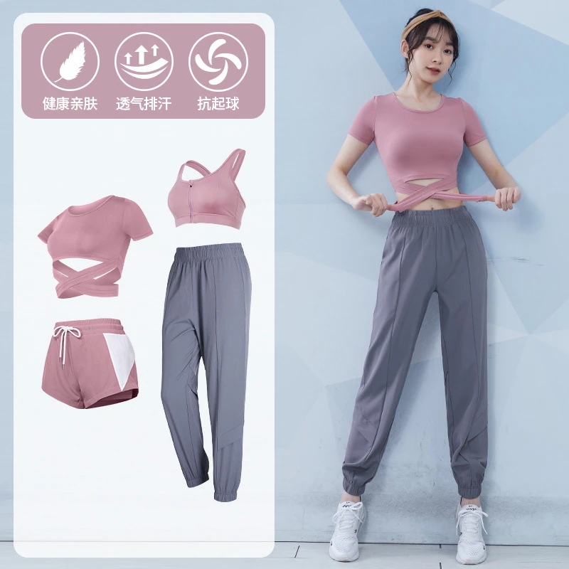 4点セットヨガウェアセット女性用ヨガウェア夏のファッション気質スポーツウェア高級タイトフィットトレーニングスウェットシャツモーニングランニングジムウェアセットスポーツウェア