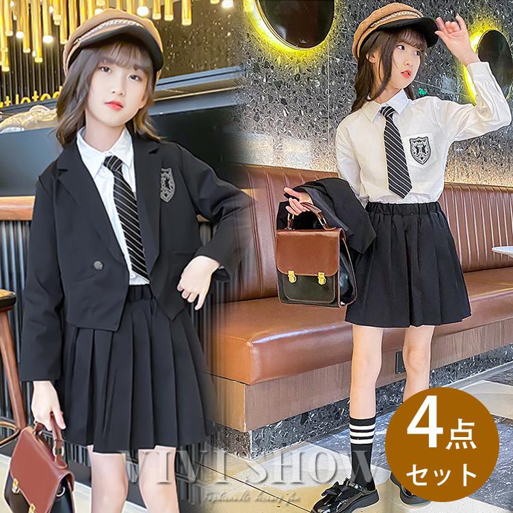 上下セット キッズ ワンピース ブレザー ネクタイ プリーツ風 子供服 かわいい おしゃれ シンプル イベント エンブレム
