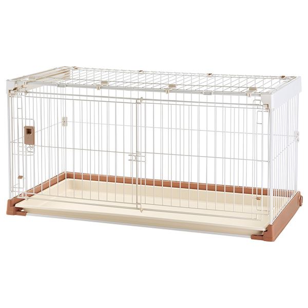 お掃除簡単 犬用 ペットサークル/ペットケージ 屋内用 ブラウン 幅120.5cm 引き出せるトレー 開閉式屋根付 リビング