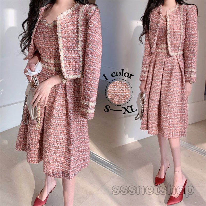 セットアップ コート＋キャミワンピース 2点セット 膝丈ワンピース 細身 ファッション 上品 シンプル エレガント ふんわり フェミニンAライン