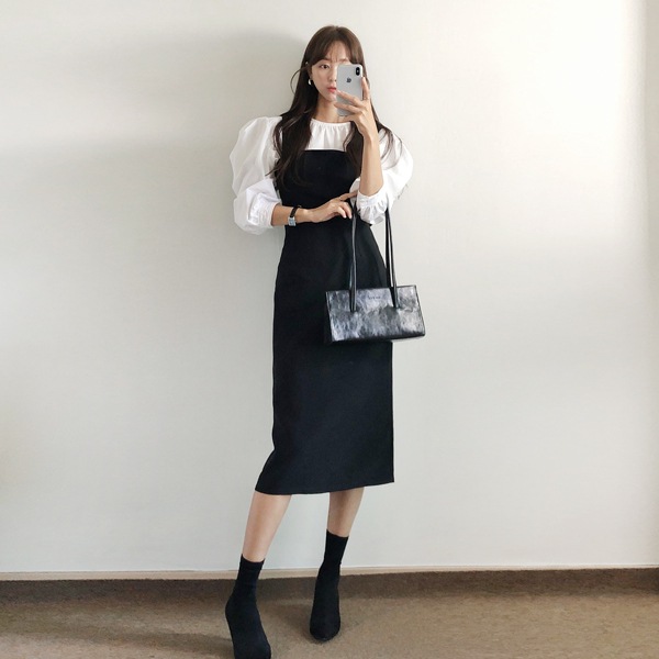 韓国ファッション Hライン スリット スリム ビスチェ ロング ワンピース