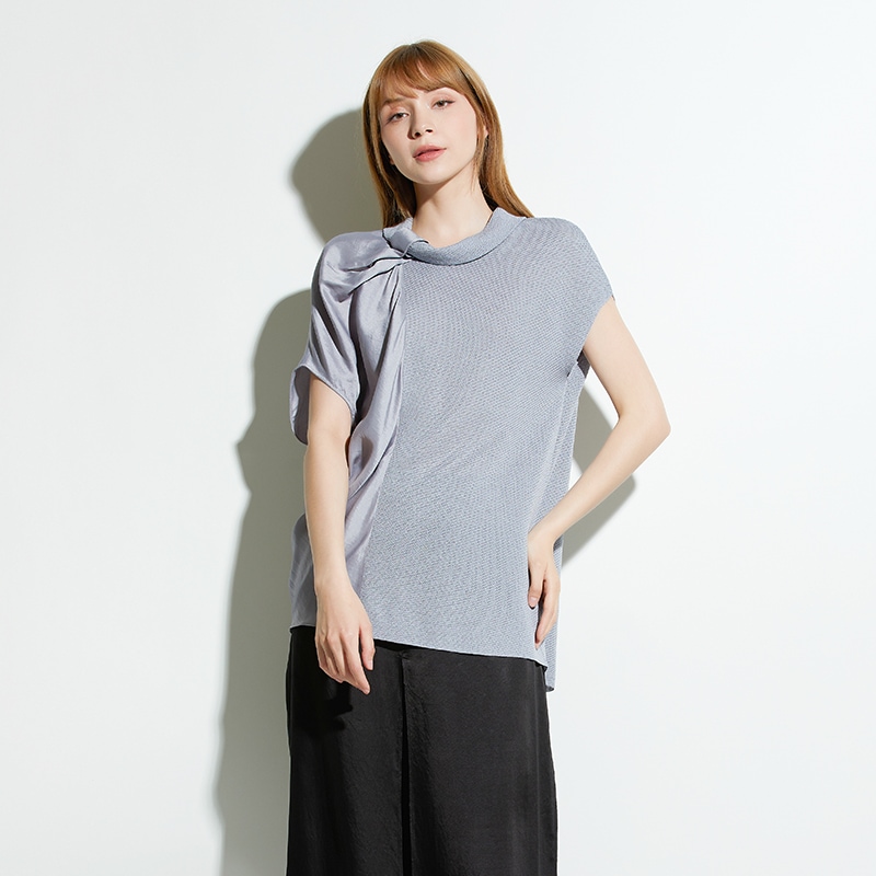 READ_ME アシンメトリー ニット＆サテン切替プルオーバー（立体ドレープ襟 / 異素材コンビ）B20225345