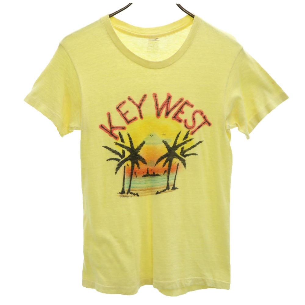 70s USA製 オレンジタグ ヴィンテージ プリント 半袖 Tシャツ S 34-36 イエロー メンズ