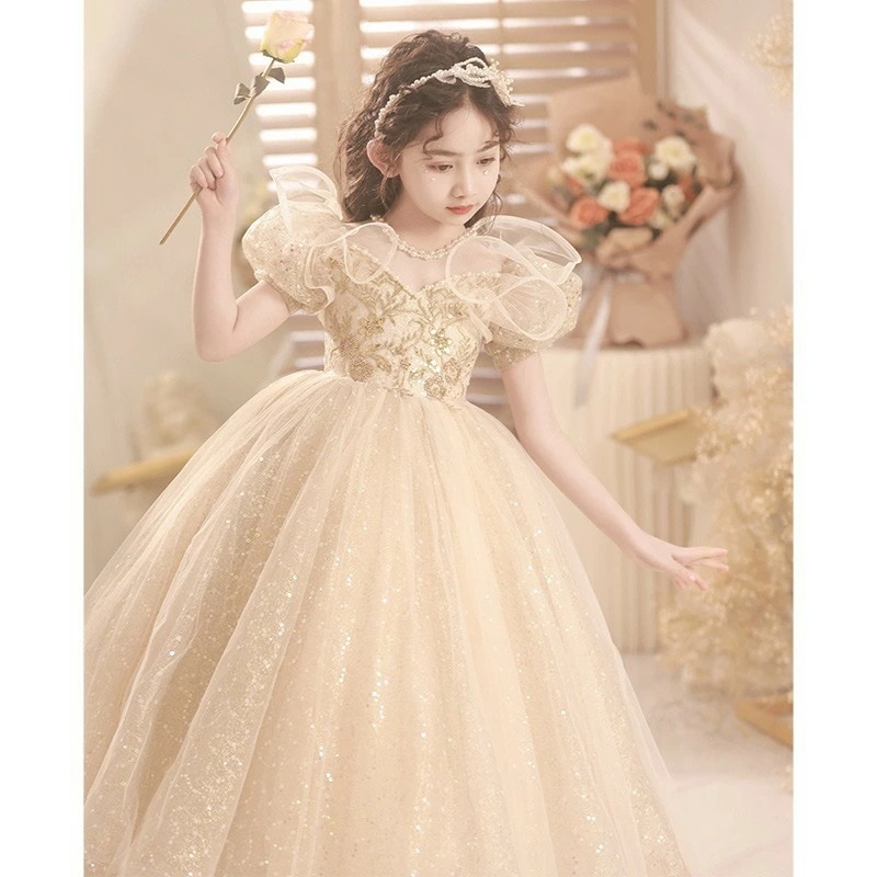 子供ドレス ピアノ発表会ドレス シャンパン色 スパンコール キラキラ 演奏会ドレス 女児ドレス ロングドレス フレア フリル 可愛い 女の子 キッズドレス フォーマル 七五三ドレス ロング 100~1