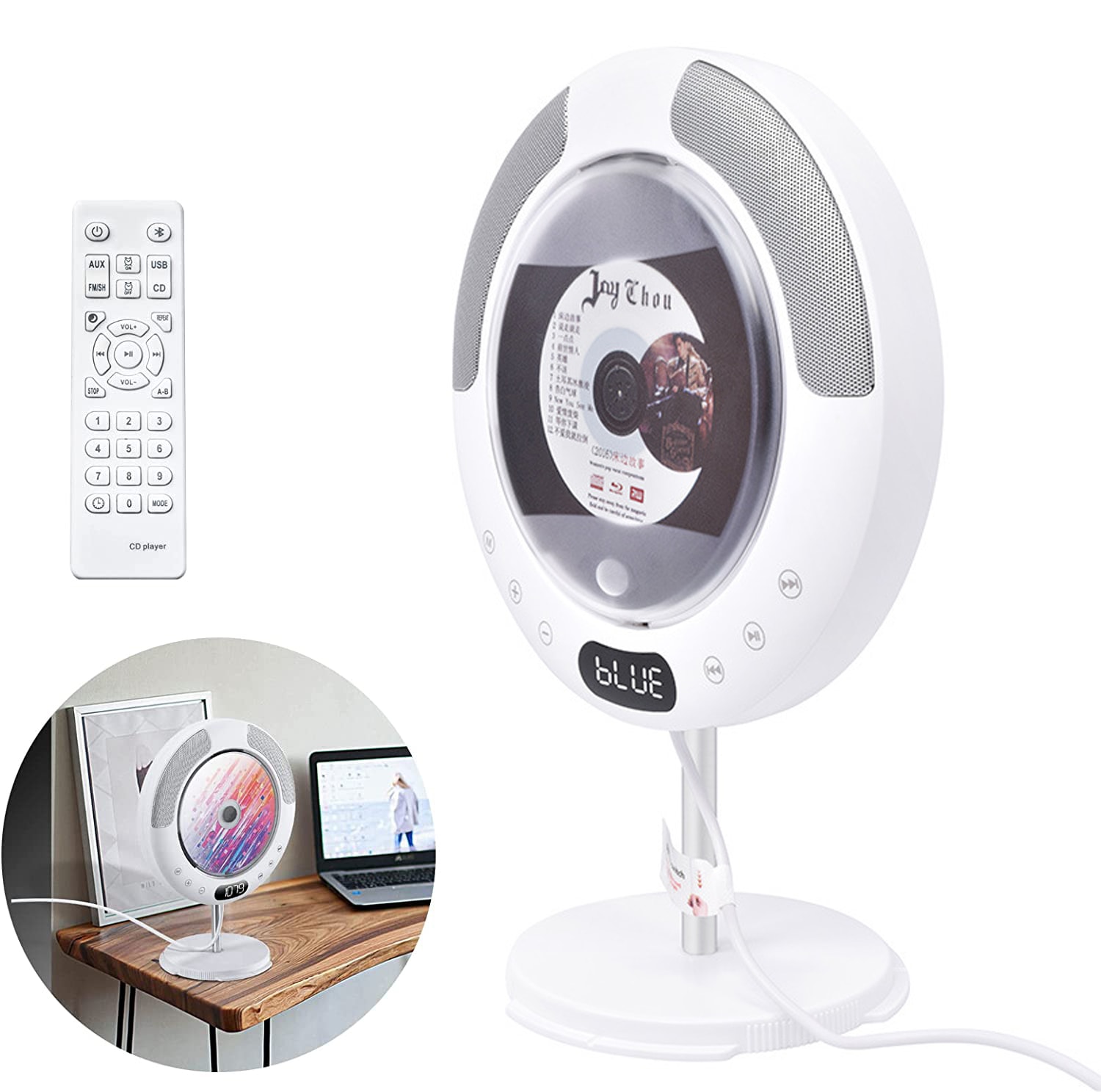 CDプレーヤー 壁掛け式 置き掛け兼用 Bluetooth/FM/USB/SDモード対応 多機能 LEDディスプレイ 防塵透明カバー付き 日本語説明書付き 5,243円