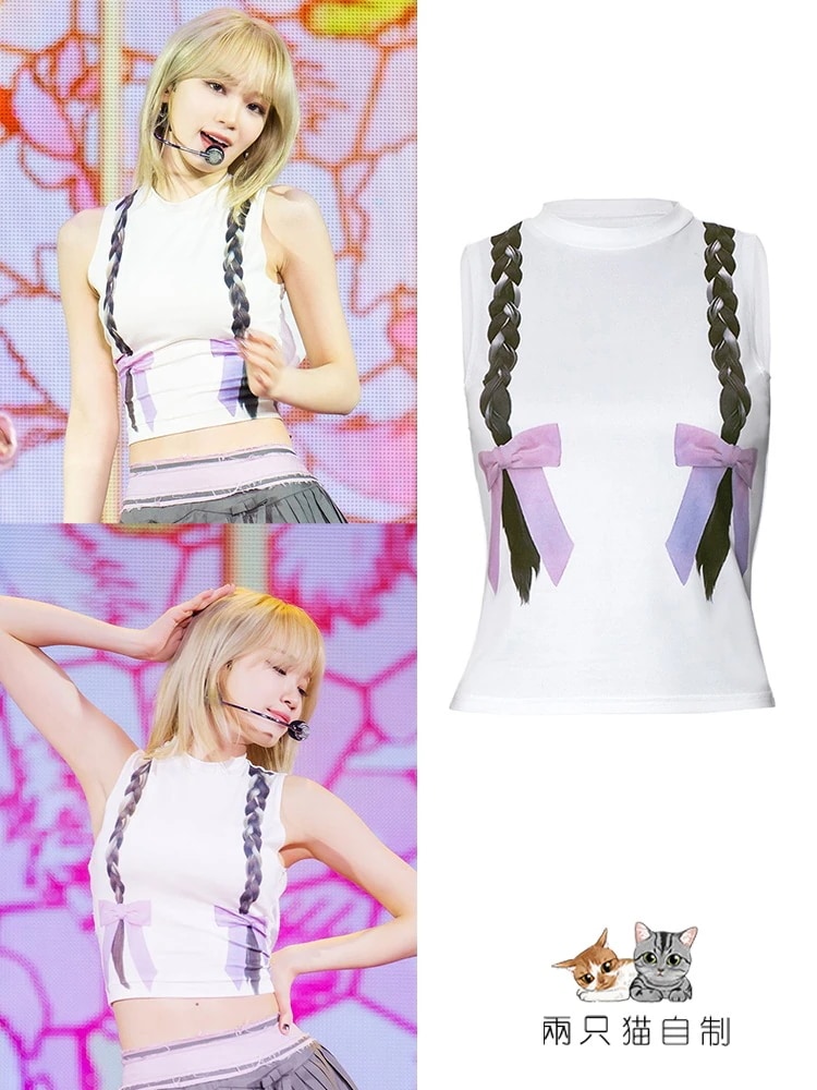 le Sserafim ホワイト ブレイド プリント ベスト Tシャツ トップス ステージ パフォーマンス