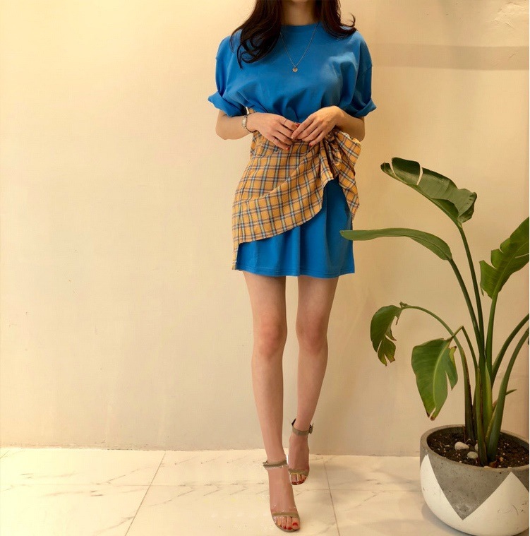 1671.デザインTシャツミニワンピース（ブルー）2019 春夏 sale カジュアル 通学 女子会 普段使い カフェ ランチ shopping