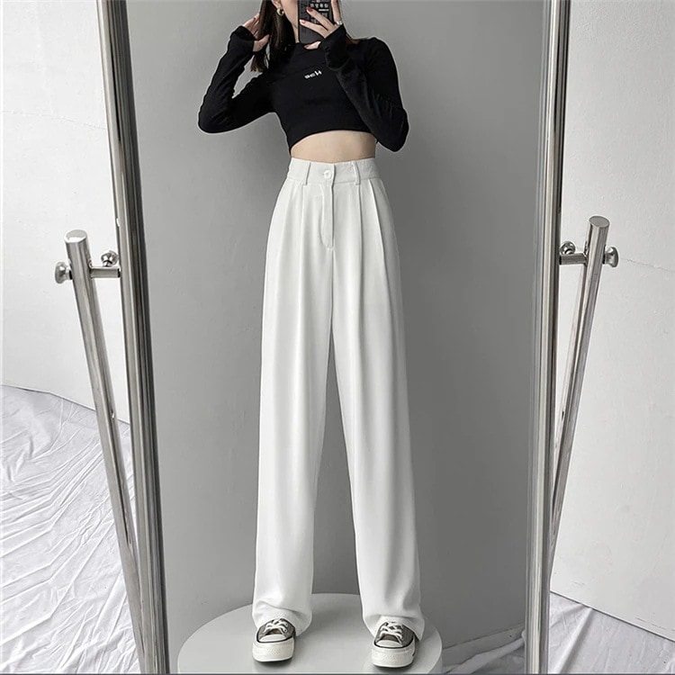 話題の注目アイテム韓国ファッション 2021 新品 簡約 スーツパンツ 女性 夏 薄い ストレート スリム ハイウエスト カジュアル ワイドパンツ 通勤 気質 百掛け トレンド