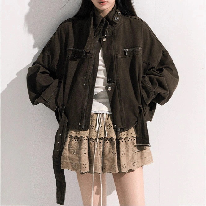 アメリカンヴィンテージワークモータージャケット レディーススタンドカラーショート丈 秋 アウター コート