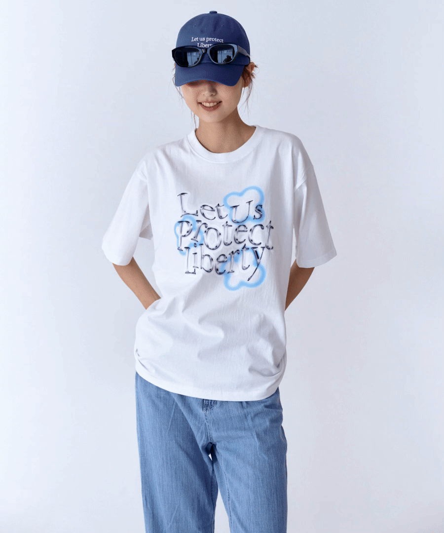 ブルー蝶グラフィティ半袖Tシャツ[ホワイト]