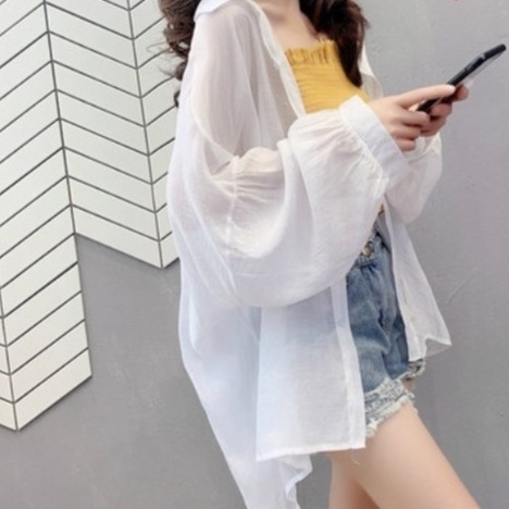 ４色 トップス シャツ ブラウス レディース 春夏 かわいい ゆったり 長袖 オーバーサイズ 長袖 ボリューム袖 襟付き BIGシルエット シフォン 前開き 透け感 白 ホワイト 青 ブルー ピンク