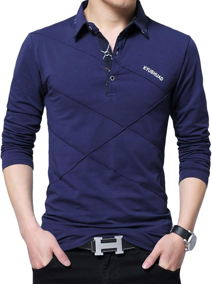 ゴルフウェア メンズ ポロシャツ 長袖ポロシャツ ゴルフシャツ ビジネス コットン(ネイビー, M)