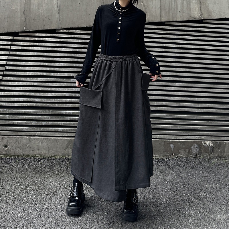 【J.Fashion】 Aラインスカート おしゃれ 大きいポケット 個性的なデザイン ハイウエスト ゴム レディース ロングスカート メガ割
