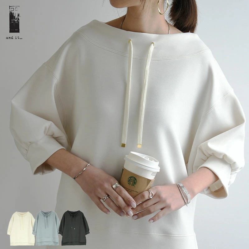 ダンボールルーズハイネック5分袖プルオーバー トップス レディース 春夏 シンプル 大人可愛い 上品 ハリ感 ゆったり 楽ちん ラフ カジュアル 体型カバー ハイネック アイボリー ブルーグレー チ
