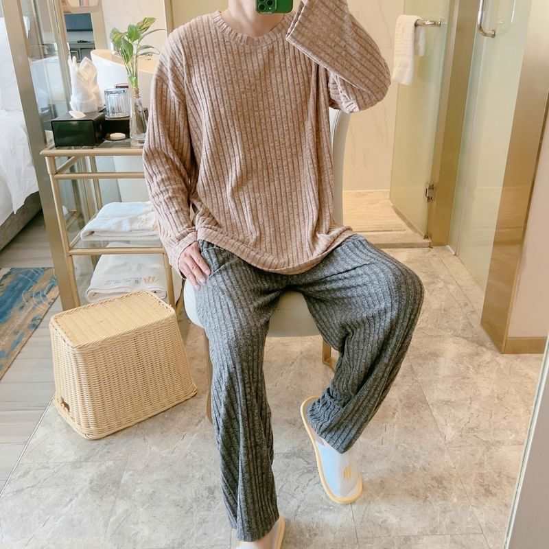 非常に柔らかい秋冬用ニット起毛パジャマ長袖暖かいプラスサイズ春に適し屋外で着用可能カップルのラウンジウェア