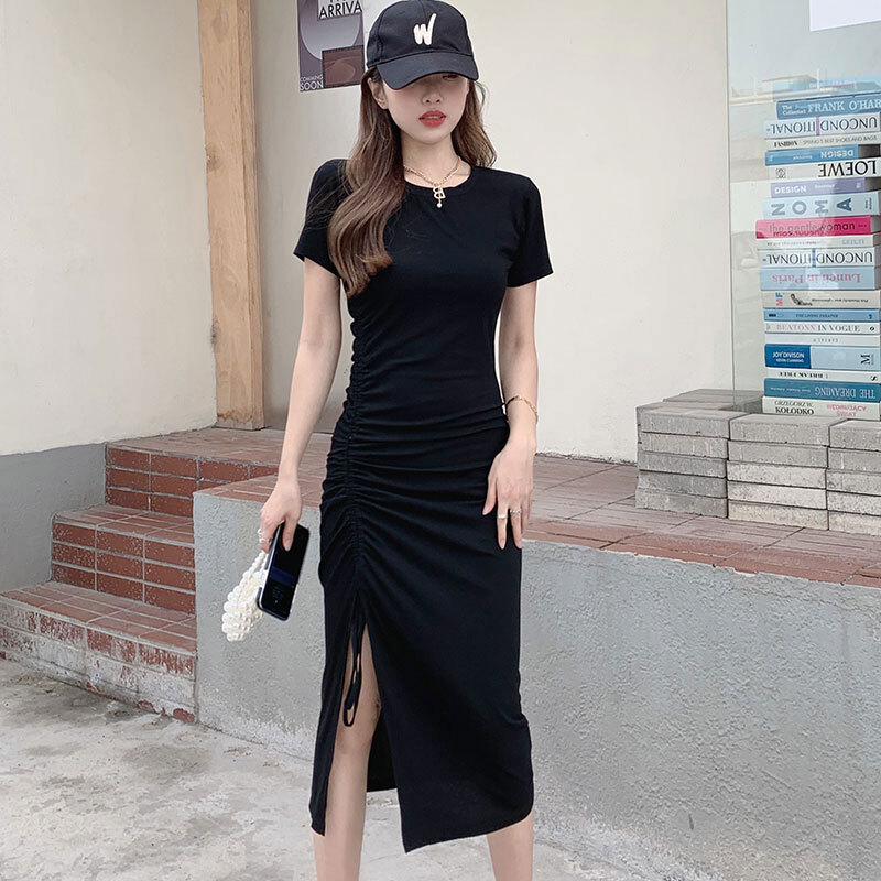 ワンピース ミモレ丈ワンピース タイトワンピース 半袖 ラウンドネック ミモレ丈 タイト ウエストマーク シャーリング サイドスリット かわいい 大人可愛い きれいめ シンプル 上品 おしゃれ