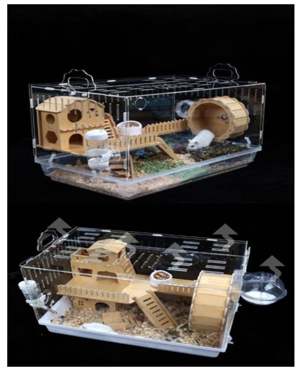 透明アクリルハムスターケージ 大容量 二層木製ハウス付き ウォーターボトル・フードボウル・木製アクセサリー付き 小型ペット用 47cm