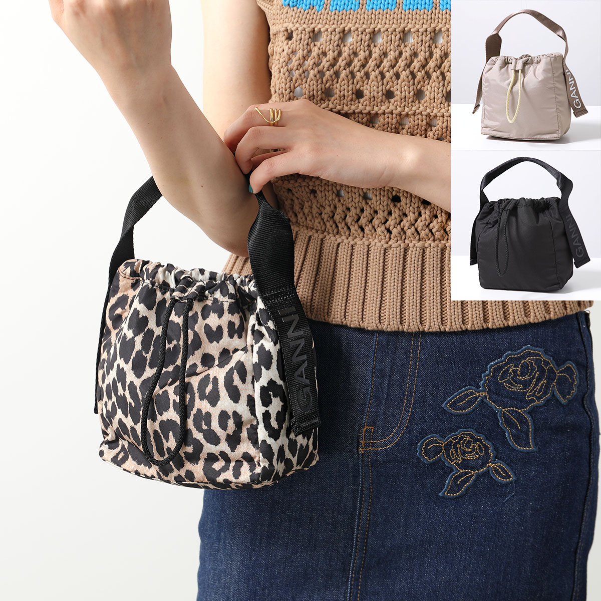 【訳あり】GANNI ガニー ハンドバッグ RECYCLED TECH POUCH A5740 レディース ロゴ 無地 レオパード 鞄 099/Black