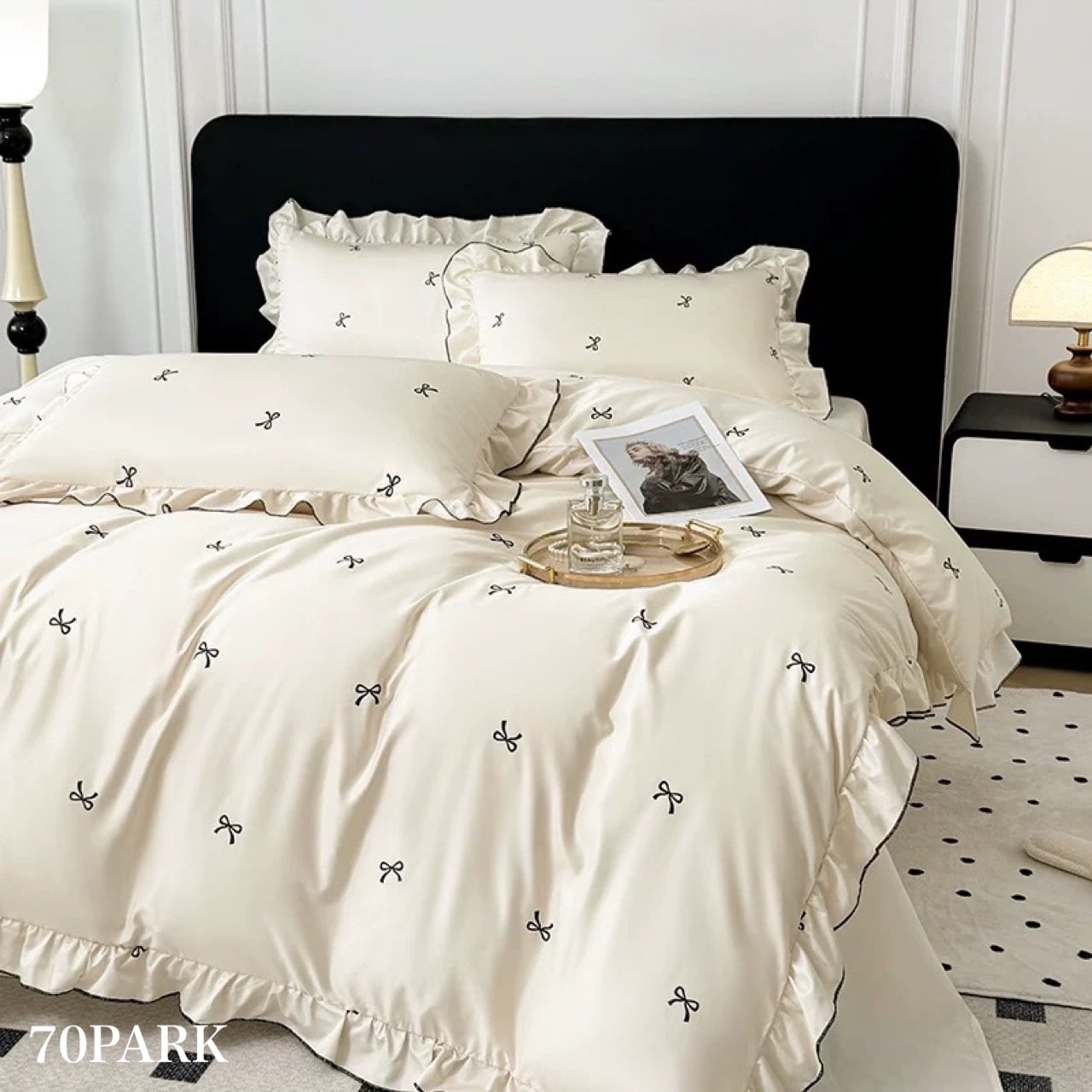 ひんやり リボン柄 フリル アイボリー 布団カバーセット ベッドカバー 接触冷感 シングル ダブル 夏用 ベッドリネン おしゃれ 韓国 北欧インテリア 韓国インテリア 70PARK