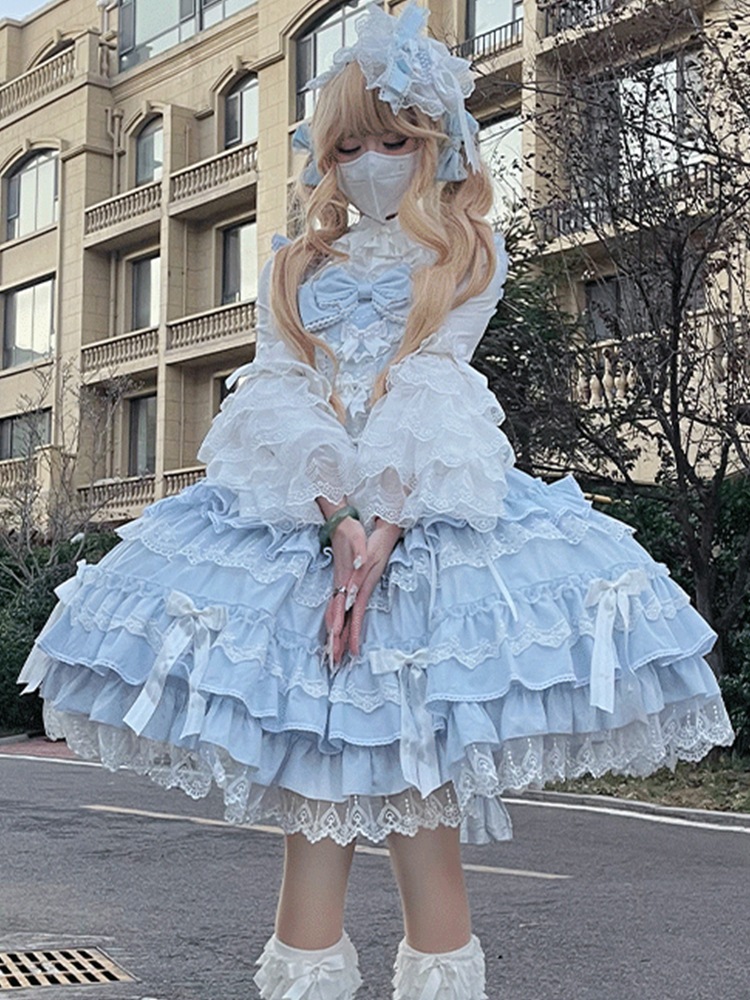 ロリータプリンセスドレスデイリースイートキュートブルーピンクjskオールドドールセンスロリータスカート