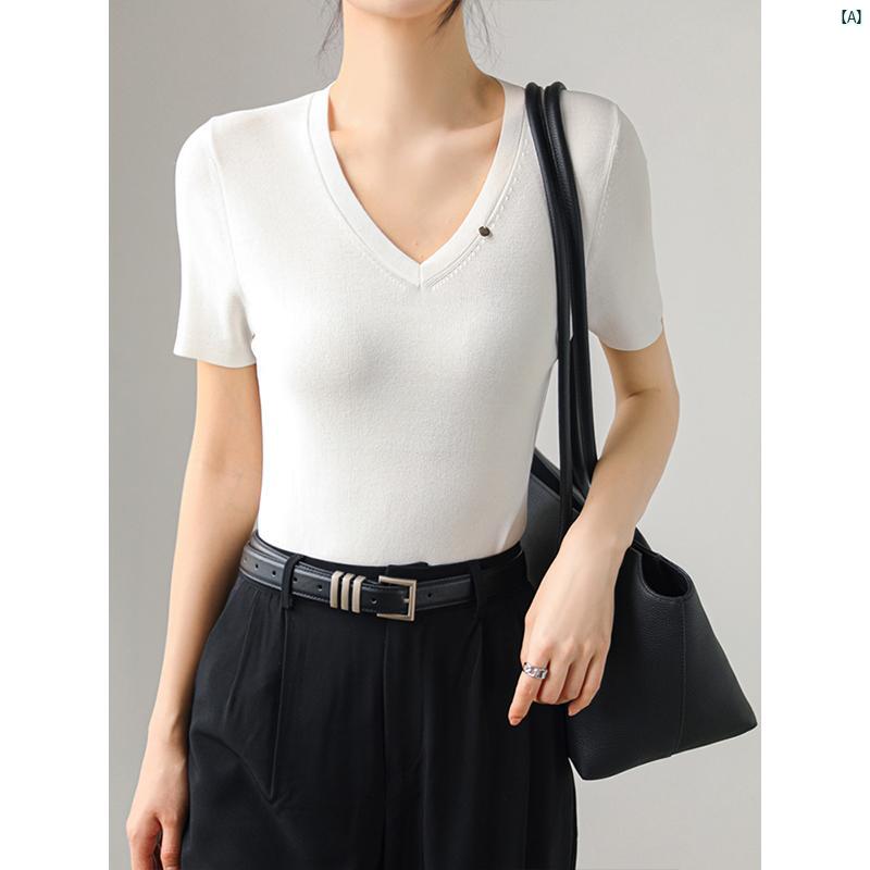 レディース ファッション　レディース　カジュアル　上品　綺麗　外出 春夏 Vネック 薄手 冷感 半袖 セーター スリム フィット プルオーバー レイ ヤード ボトム Tシャツ ホワイト
