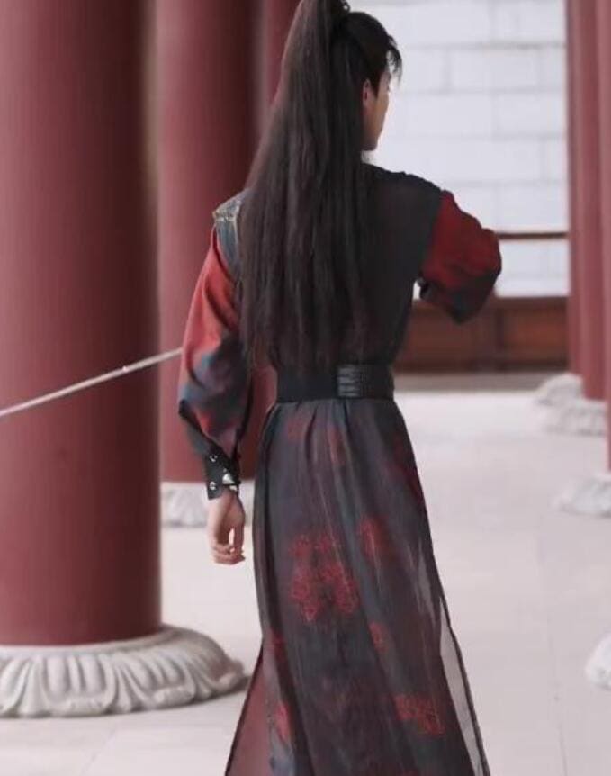 男女兼用 漢服 唐装 大人 中華コスプレ衣装 チャイナ服 5点セット 交差襟 羽織付 すっきりした 武侠 剣士 中華衣装 ワインレッド＋黒 九尾狐 ヒガンバナ 彼岸花 プリント おしゃれ 大人 中国古