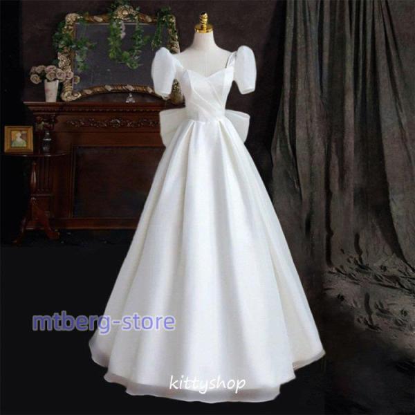 パーティードレス 結婚式ドレス 二次会ドレス ホワイト 半袖 パフブ 白 ちょう結び ロングドレス ロ ウェドレス サ プリンセスドレス
