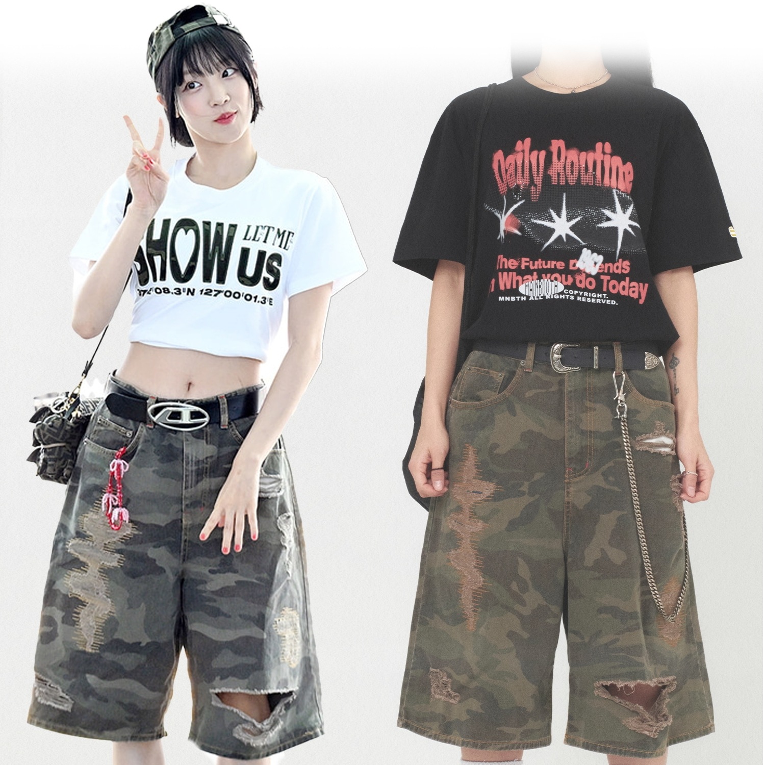 (G)I-DLE ウギ, aespa カリナ着用 Destroyed Camo カモフラージュ ひざ丈 ワイド/ルーズ ショートハーフパンツ [カーキ]